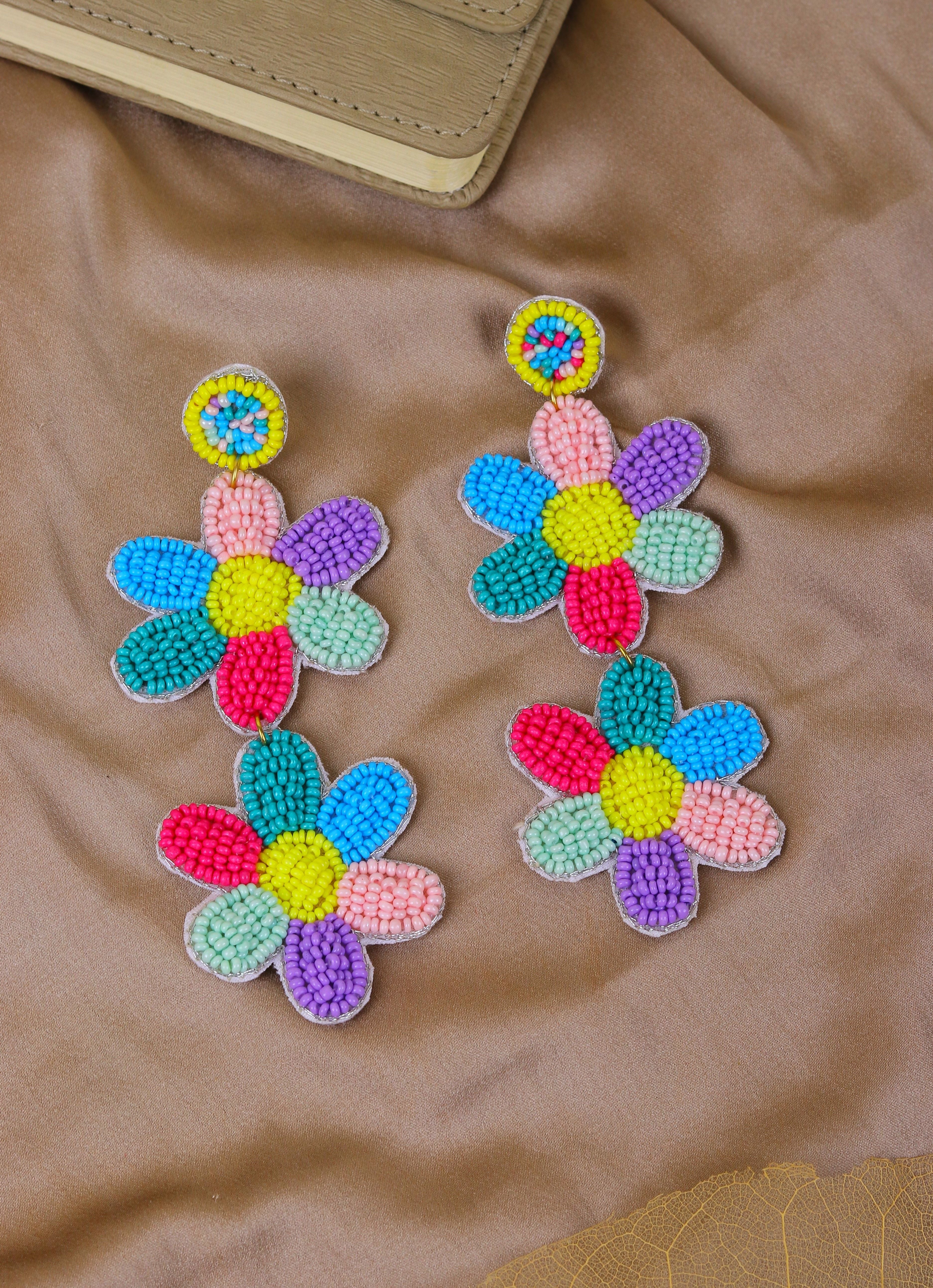 Multicolored Flower Fiesta: Handmade Bead Earrings & Necklace Set